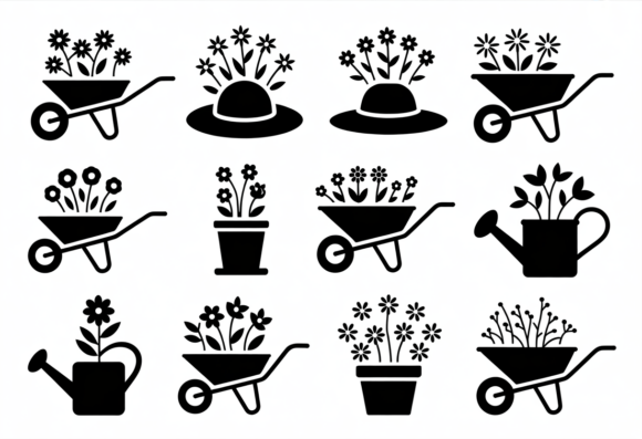 Gardening Icons Set Wheelbarrow Flowers