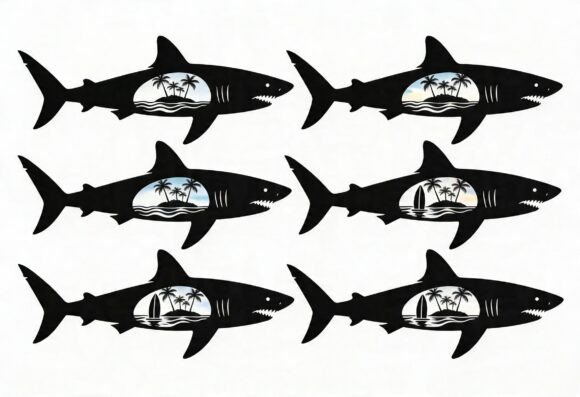 Shark Tropical Island Scene Silhouette