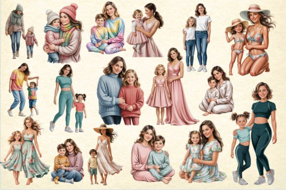 Watercolor Mom Kids Clipart Bundle